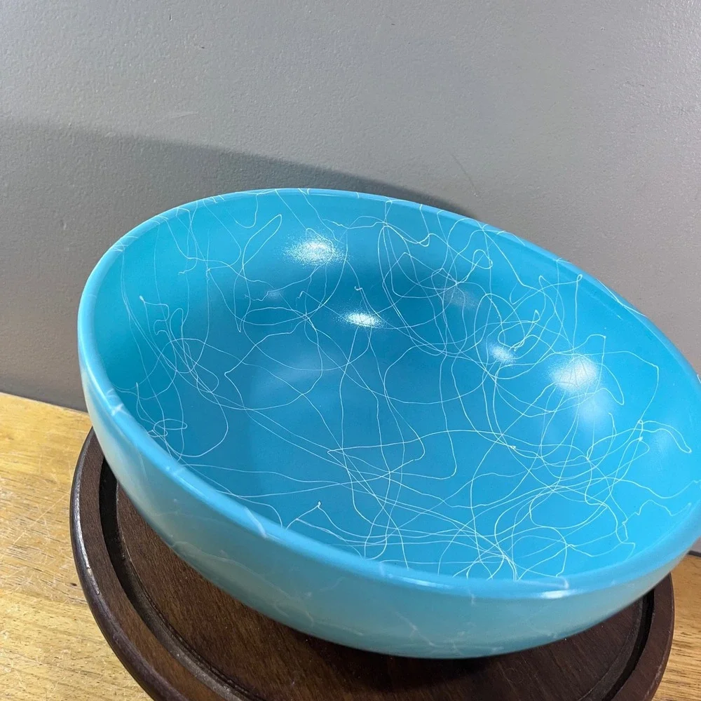 Vtg Hazel Atlas Turquoise Spaghetti Drizzle Milk Glass Mixing Bowl 10